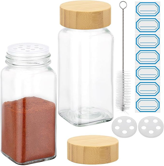 Segarty 4oz Spice Jar with Bamboo Shaker Lids, 2 PCS 120ml Square Spice Jars for Herbs Grains Storage, Empty Glass Small Seasoning Container Set, Clear Salt Pepper Shakers with 7 Stickers and 1 Brush