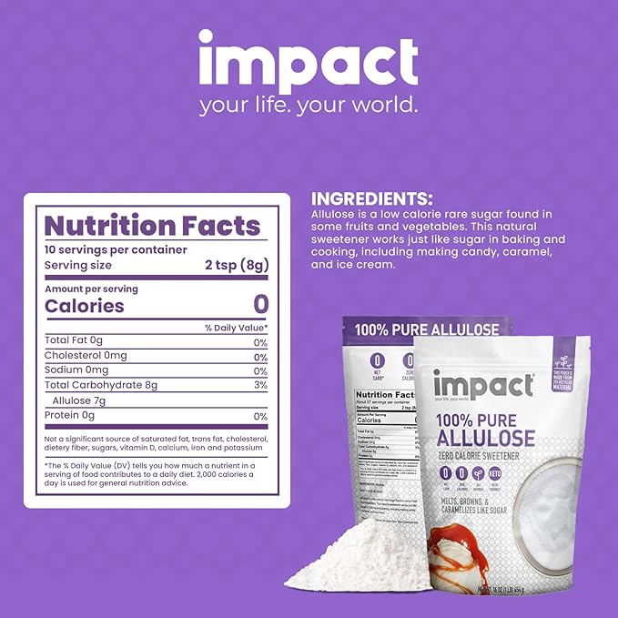 Impact - Pure Allulose Sweetener Sugar Substitute - Zero Calorie Blend, Low-Carb, For Coffee, Tea, Baking, Guilt-Free Indulgence - 1lb (Pack of 2)