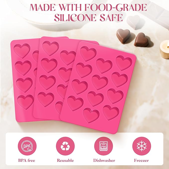 3Pcs Heart Molds Silicone, Premium Heart Silicone Mold for Baking, Chocolate, Non-stick Silicone Heart Mold for Cakes Candies Soap