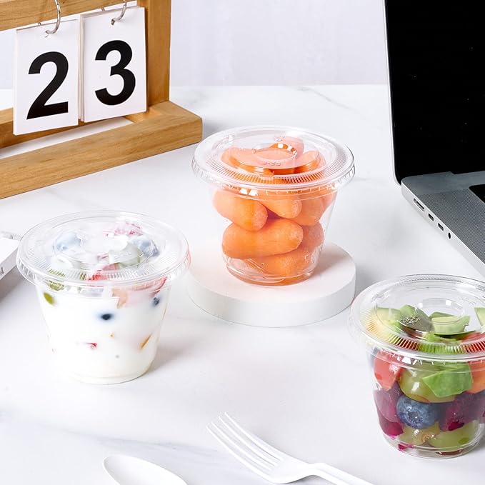 Turbo Bee 200 Pack 9 OZ Clear Plastic Cups with Flat Lids, Disposable Dessert Cups with Lids for Fruit, Snack Smoothie, Pudding and Ice Cream (No Hole)