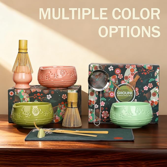 Matcha Whisk Tea Set: Ceramic Bowl with Spout, Bamboo Matcha Whisk & Spoon, Chasen Holder, Scoop Rest, Sifter, 8-Pcs Japanese Matcha Powder Kit–Gift for Ceremony & Matcha Lovers-Mint