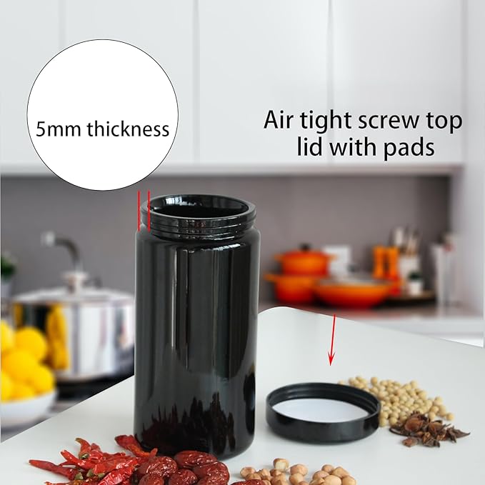 Black Glass Airtight Storage Container Jar 500ml 1 OZ with UV Protection for Spice Coffee