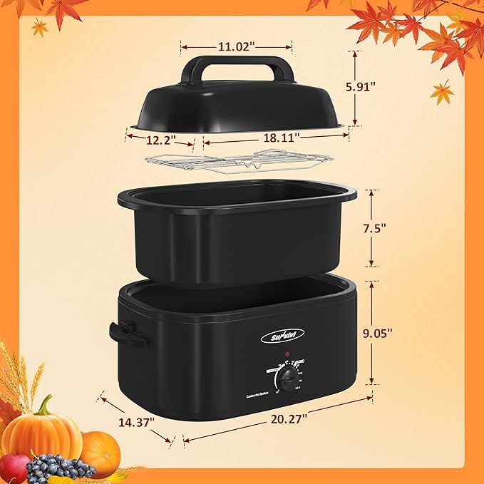 Sunvivi Electric Roaster, 24 Quart Electric Roaster Oven with Self-Basting Lid, Turkey Roaster Oven Buffet with Removable Pan, Cool-Touch Handles, Black