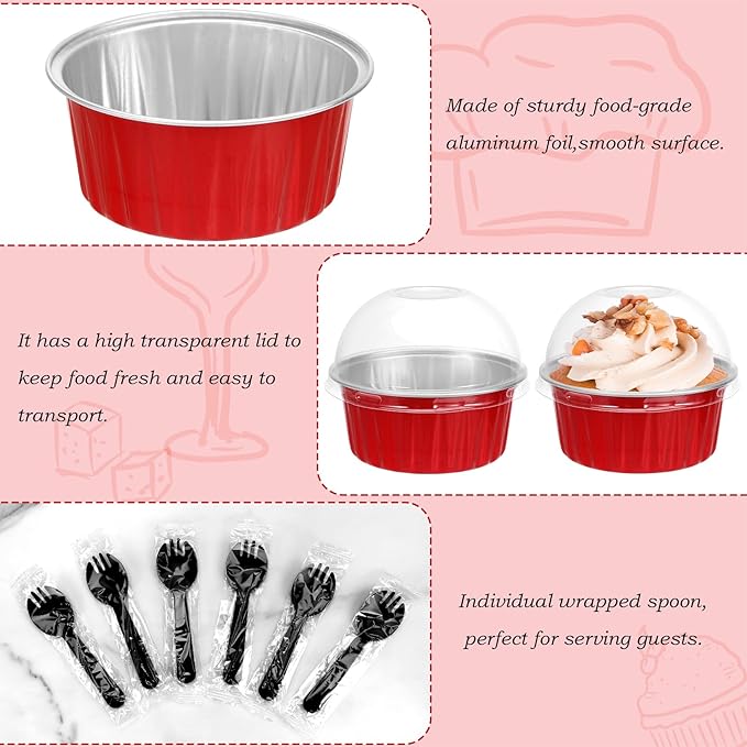 Mini Cake Pans with Lids and Spoons (100 Pack,Mixed color,5oz) Round Disposable Ramekins - Sturdy Aluminum Foil Cupcake Liners with Lids for Dessert and Party