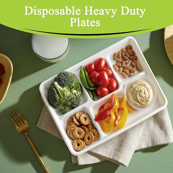 three leaf 5 COMPARTMENT BAGASSE (SCHOOL) TRAY 500 Ct. Heavy-Duty- Super Strong- Natural- Eco-Friendly Disposable Bagasse Plates, 100% Biodegradable 5 Compartment meal Plates