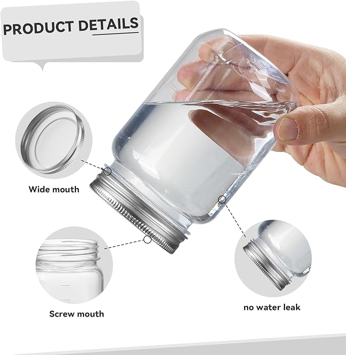 novelinks 16 oz Clear Plastic Mason Jars with Silver Lids – Reusable Food Storage Containers with Lids, BPA-Free, Leakproof, Empty Jars for Pantry, Kitchen, DIY Crafts – 8 Pack