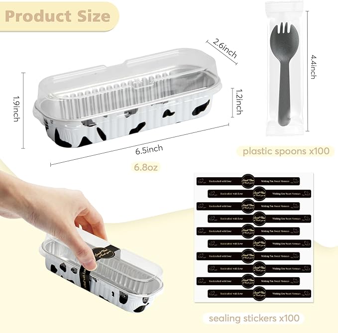 Ruckae 100 Pack Cow Print Mini Loaf Pans with Lids and Spoons Disposable Aluminum Tin Foil Pans Rectangle Mini Loaf Cake Pan for Baking,Party,Picnics,Gifts