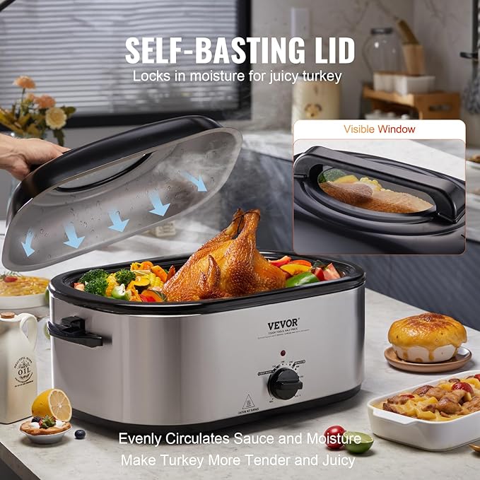 VEVOR Electric Roaster Oven with Defrost & Warm Function, 24 QT Turkey Roaster Oven with Self-Basting Lid, 1450W, Adjustable Temp, Removable Pan & Rack, Fits Turkeys Up to 28LBS, Silver