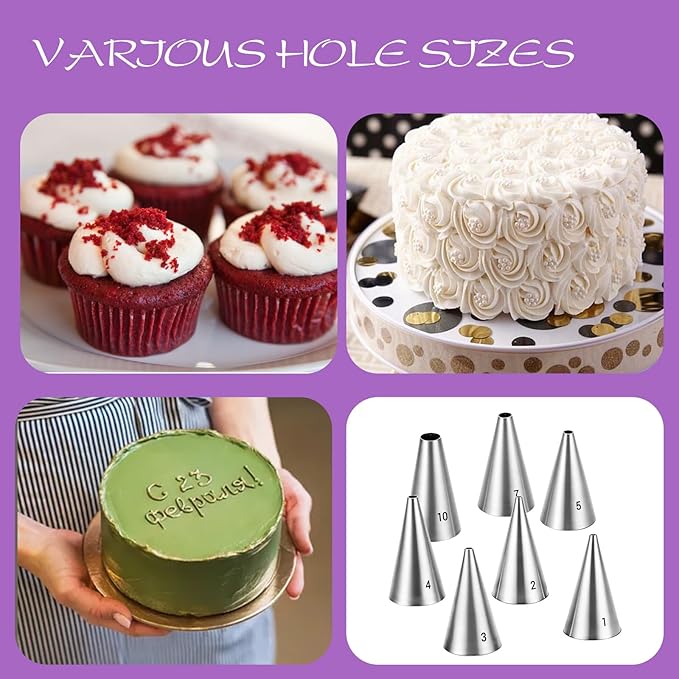 7 PCS Cake Decorating Tips, Round Hole Cake Piping Tips Set, Stainless Steel Vintage Piping Nozzles, Cake Frosting Tools Russian Pastry Icing Dispensers Supplies for Cake Cupcakes Cookies