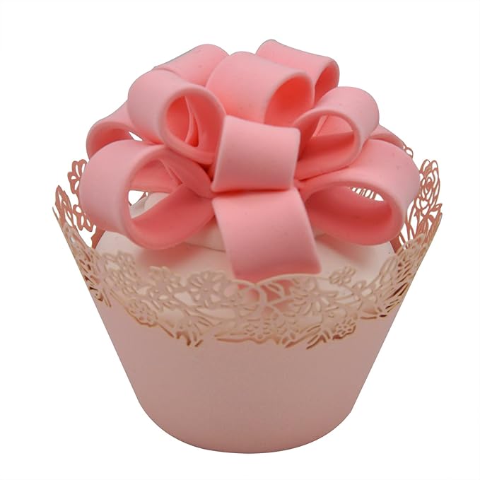Cupcake Wrappers Pack of 50 Pink Filigree Artistic Bake Cake Paper Cups Little Vine Lace Laser Cut Liner Baking Cup Muffin Case Trays for Wedding Party Birthday Decoration -By KEIVA