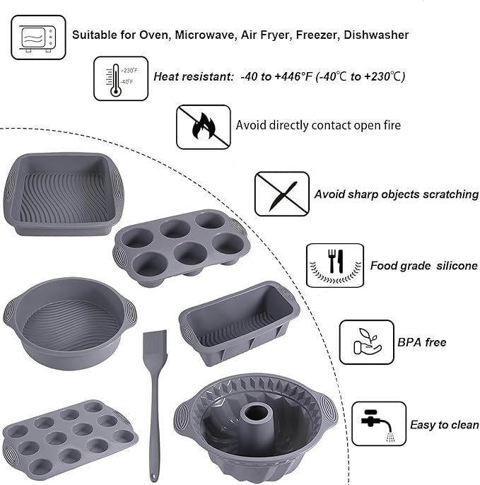 7in1 Nonstick Silicone Bakeware Set Silicone Cake Molds set Including Baking Pan, Cake Mold, Cake Pan, Toast Mold, Muffin Pan, and Cupcake Mold Silicone Brush Set