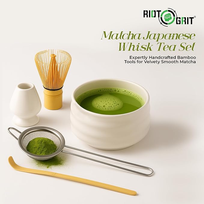 Matcha Whisk Set (5pcs) - Japanese Tea Set includes Matcha Bowl (19 oz) - Bamboo Whisk and Matcha Scoop - Whisk Holder - Stainless Steel Sifter - Tea Making Tools, Matcha Kit