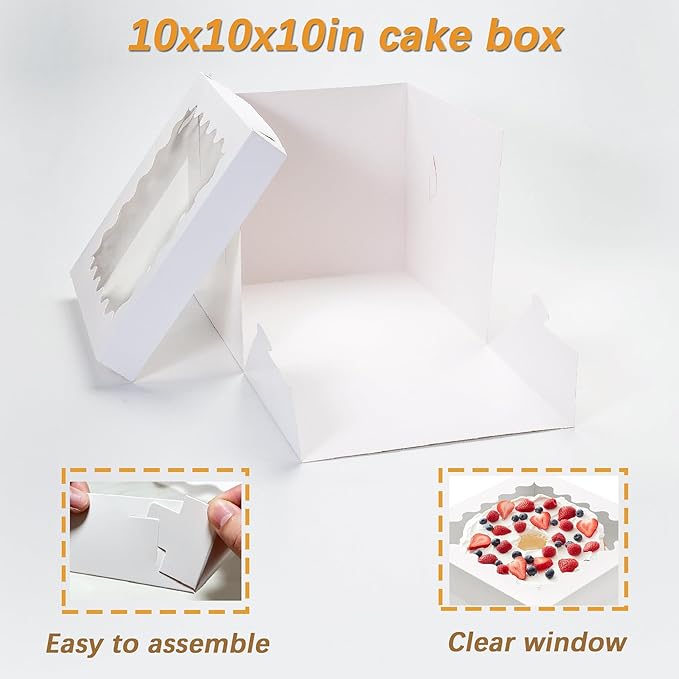 10pcs Tall Cake Boxes,10x10x10 Bakery Boxes for Tier Cakes with Window, 10 Inch Large Baking Boxes,10x10 Square Cardboard Cake Box,Cake Decorating Supplies for Gift Giving