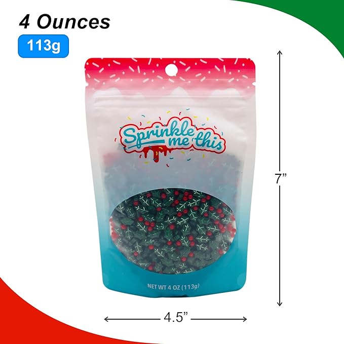 Dextrose Holly Berry Blend Sprinkle Mix - 4 oz Resealable Stand Up Bag - Christmas Themed Red and Green Sprinkles - Holiday Sprinkles for Desserts and Baked Goods
