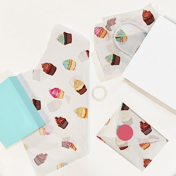 Cupcakes Birthday Party Printed Tissue Paper for Gift Bags or Boxes and Wrapping - Bulk Decorative Art Tissue Paper for Packaging and Gifting | 24 Sheets 20" x 30"