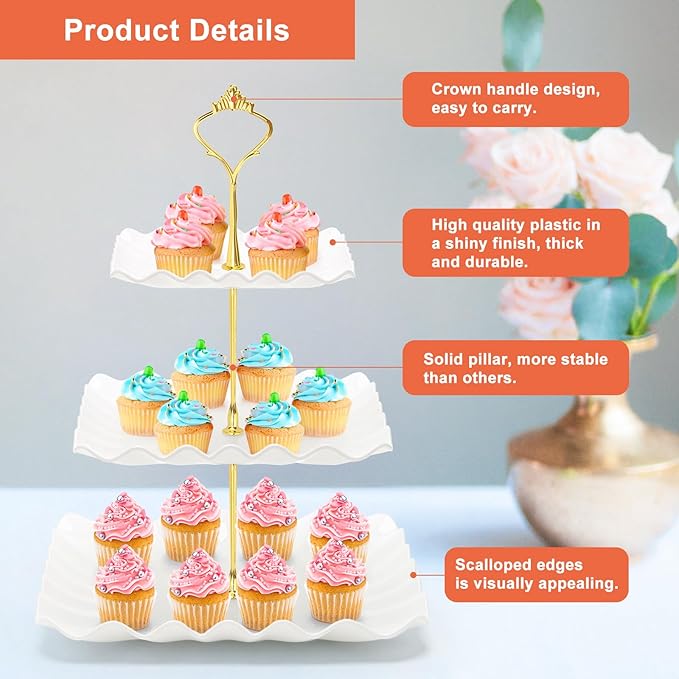 Coitak 8 Pieces Cupcake Stand Set, 2 PCS 3 Tier Cupcake Stands with 3 PCS Appetizer Trays, 3 PCS Serving Tongs, Dessert Tower Tray for Tea Party (White)