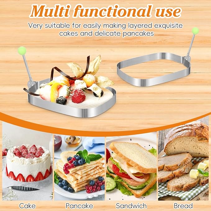 CLISPEED 4pcs Rectangular Baking Ring, Stainless Steel Cooking Crumpet Molds for Layer Cakes Sandwich Omelette Dessert - Easy Release and Clean