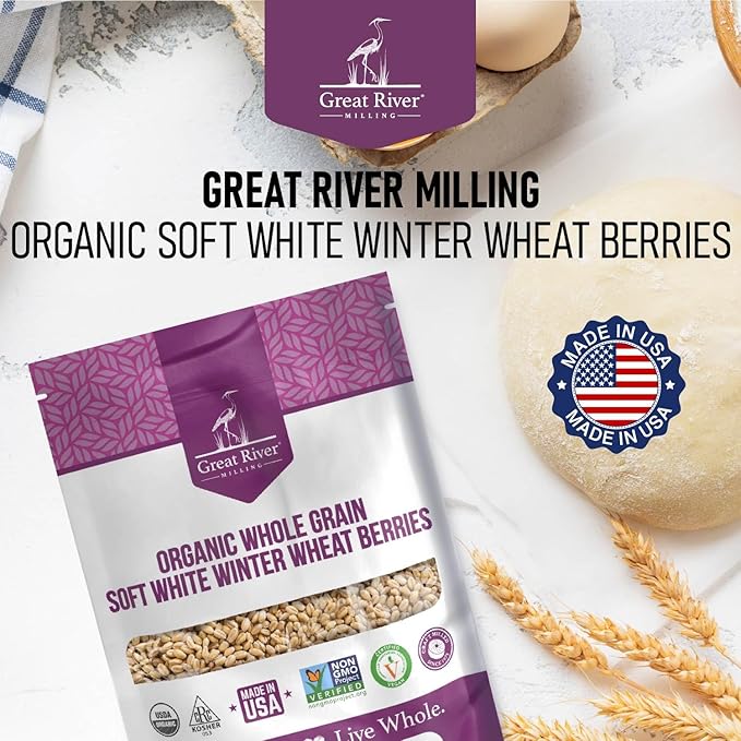Great River Milling Organic Soft White Winter Wheat | Whole Grain Wheat Berries for Baking & Milling | USDA Organic, Non-GMO, Kosher | Ideal for Pastries, Tender Breads, Desserts, Soup & Salad | 5 Lb