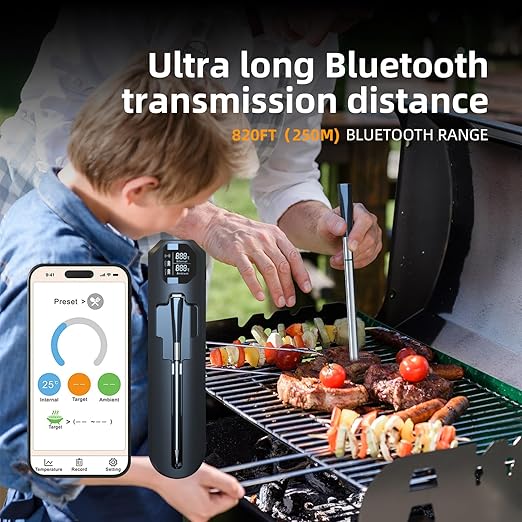 YFL Smart Wireless Meat Thermometer with Bluetooth & App, 820FT Long Range, Digital Food Thermometer with Dual Sensors, IP67 Waterproof Probe for BBQ, Grill, Oven, Smoker, Turkey, Steak, Chicken