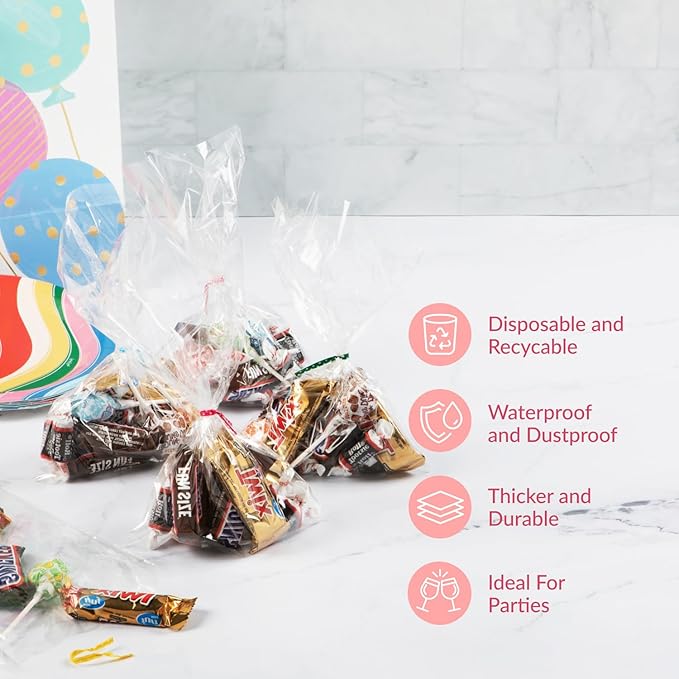 Prestee 200 Pack Clear Plastic Cellophane Bags - 6x8 with 4" Twist Ties, Candy & Cookie Bags, Treat & Gift Bags (Pack of 200)
