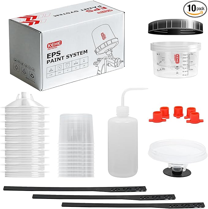 Disposable Paint Cups for Spray Gun,Mixing Cups 6 Ounce (175ml) Kit with 10 Cups and Lids with Strainer System for HVLP&LVLP,1 Hard Cup with Retainer Ring,5 Plugs,1 Cap,1 Wash Bottle