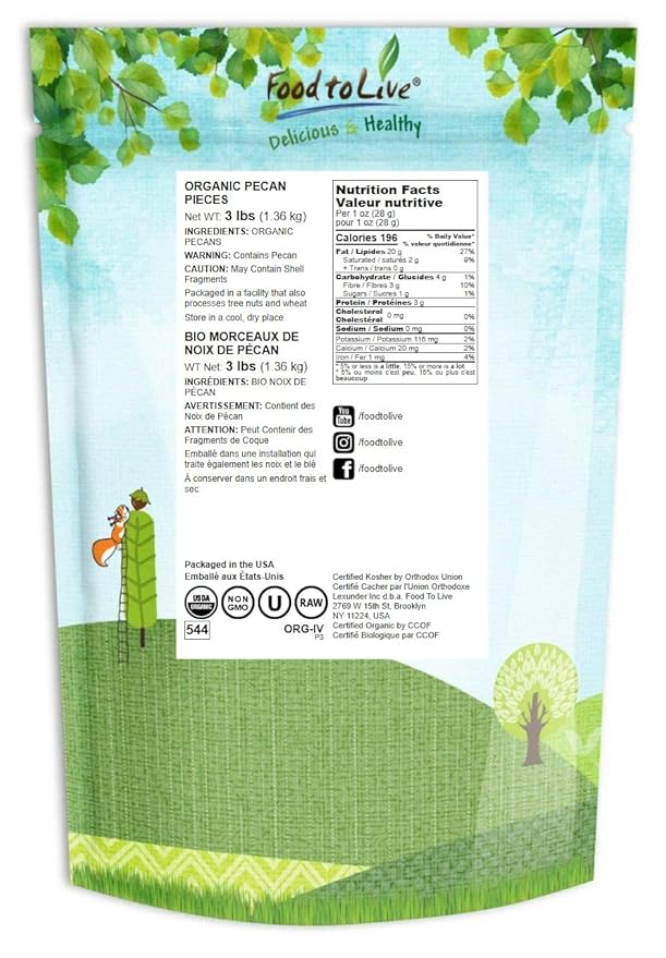 Food to Live Organic Pecan Pieces, 3 Pounds Raw, Chopped Pecans, Non-GMO, Unsalted, Unroasted, Kosher, Shelled, Kosher, Vegan, Sirtfood, Bulk. Keto-Friendly. Good Source of Iron, and Calcium.