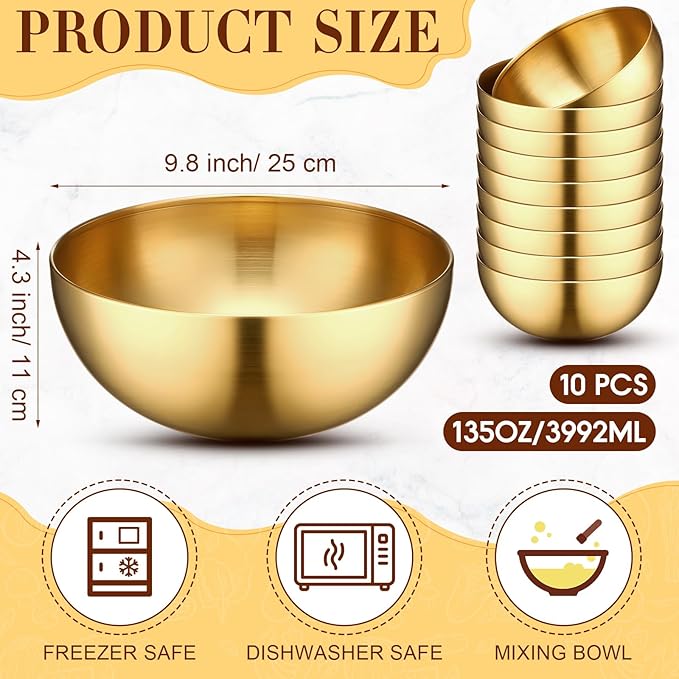 Nuogo 10 Pcs Stainless Steel Mixing Bowls Decorative Esthetician Bowls for Thanksgiving Christmas First Holy Communion Wedding Baking Prepping Serving Facial Salad Fruit Candy(9.8 Inch,Gold)
