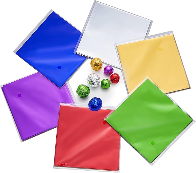 600pcs Aluminium Foil Paper Chocolate Candy Wrappers Wrapping Papers Square Sweets Lolly Paper Food Candy Tin Foil Wrappers for Candy Packaging Decoration (4 by 4-Inch) 6 Colors