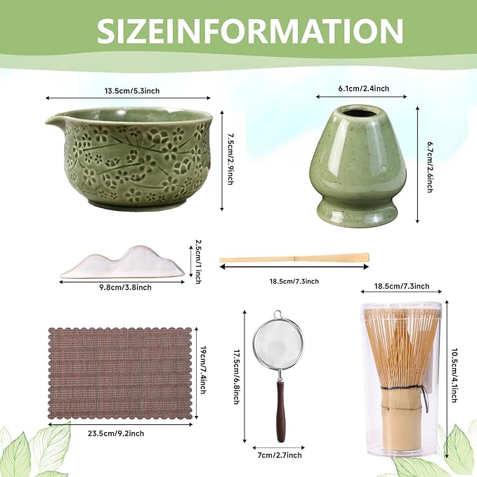 7 Pcs Matcha Whisk Set, Ceremony Matcha Kit with Matcha Bowl, Bamboo Whisk and Holder, Scoop and Scoop Rest, Sifter and Tea Towel, Gift for Matcha Lovers (Mottled Green/Cherry Blossom-Patterned 2)