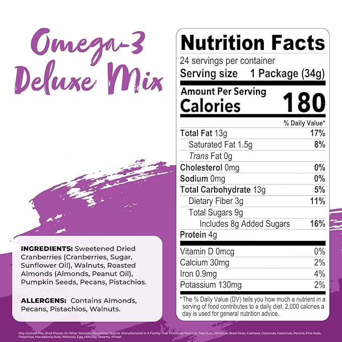 Nature's Garden Omega 3 Deluxe Mix - Trail Mix Nuts, Heart Healthy, Gluten Free, Cholesterol Free, Sodium Free, No Artificial Ingredients - 1.2 oz Bags (24 Individual Servings)