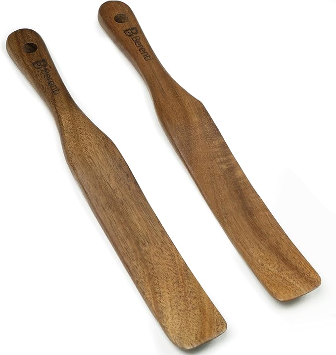 Pack 02 Wooden Spurtle Spatulas for Sourdough Starter, Mixing & Reaching Bottom of Jars – 100% Acacia Wood Dough Whisk & Jar Spatula, Non-Stick Safe Kitchen Tools for Baking, Cooking, and Spreading