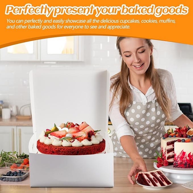 Ireer 50 Pack 14 x 14 x 6 Inch White Cake Boxes Cardboard Bakery Boxes for Pie Pastry Cookie