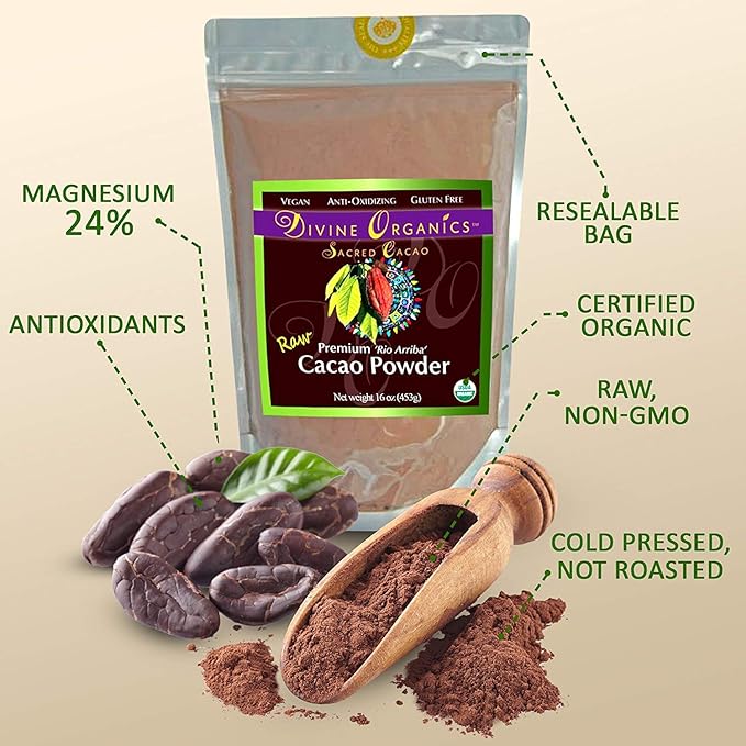 Divine Organics Raw Cacao Powder/Raw Cocoa Powder - Certified Organic - Premium Rio Arriba - Smoothies, Hot Chocolate, Baking, Shakes, Add to Coffee - Rich in Magnesium (32oz)