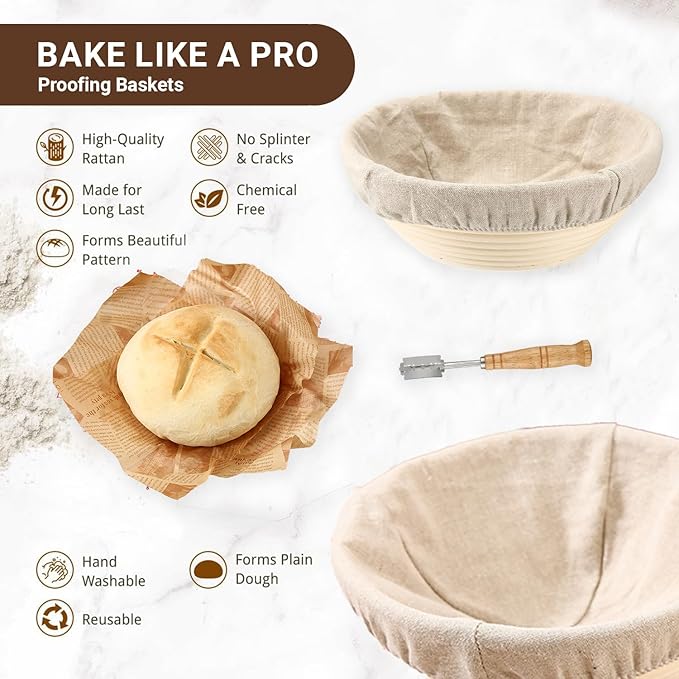 Sourdough Starter Kit | 34Oz Sourdough Bread Baking Supplies - Banneton Bread Proofing Basket, Sourdough kit Included 1x Bread Proofing Basket, Thermometer - Easy to Clean Banneton Basket