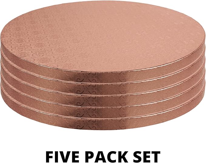 O’Creme Cake Board, Rose Gold Foil Round Cake Circles with Gorgeous Design, Sturdy & Durable 1/2” Thick Cake Drums, Round Cake Boards with 18” Diameter, Pack of 5 Disposable Cake Drums
