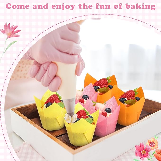 Yaomiao 600 Pcs Tulip Cupcake Liners Greaseproof Paper Tulip Muffin Liners Baking Cups Cupcake Wrappers Holders for Weddings Birthdays Anniversaries Banquets Party Christmas (Pink, Yellow, Orange)