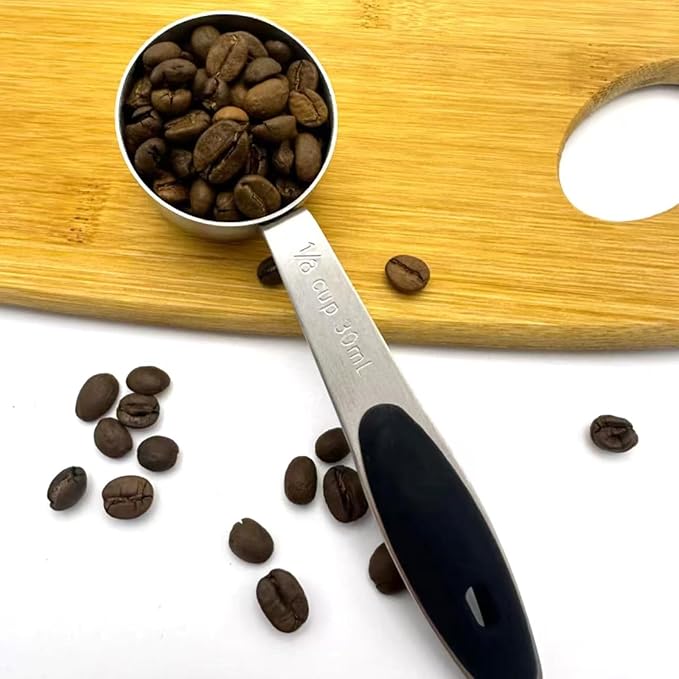 2pcs Stainless Steel Coffee Spoon with Black Silicone Handle Measuring Cup 1/8 Cup (2 Tbsp/30 ml/30 cc/1 oz)