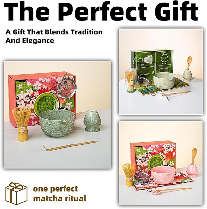 Matcha Whisk and Bowl Set, 8 PCS Pink Matcha Kit Includes Bowl with Spout, Whisk,Holder,Bamboo Scoop and Sifter, Unique Gift for Matcha Lovers (Pink)