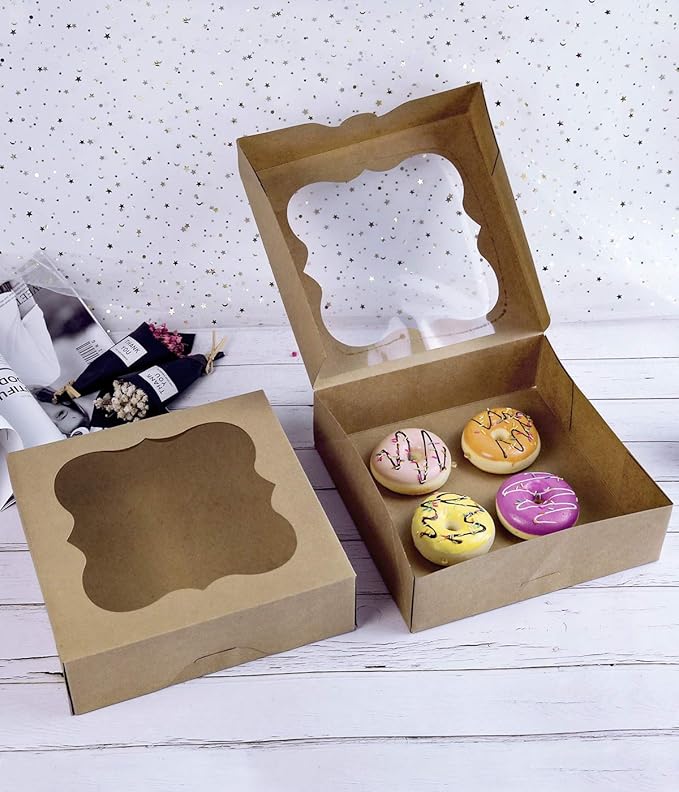 CHERRY 15-Pack 10"x10"x3"Brown Bakery Boxes with PVC Window for Pie and Cookies Boxes Small Natural Kraft Paper Box 10x10x3inch Pack of 15