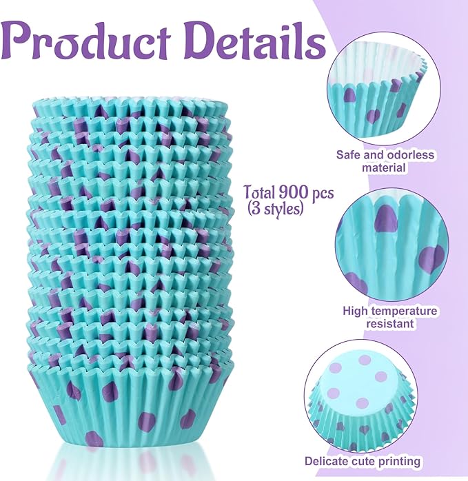 Vesici 900 Count Cartoon Monster Cupcake Liners Monster Themed Paper Cupcake Wrappers Green Purple Blue Muffin Baking Cups Cake Holder for Cake Decoration Baby Shower Birthday Party Supplies