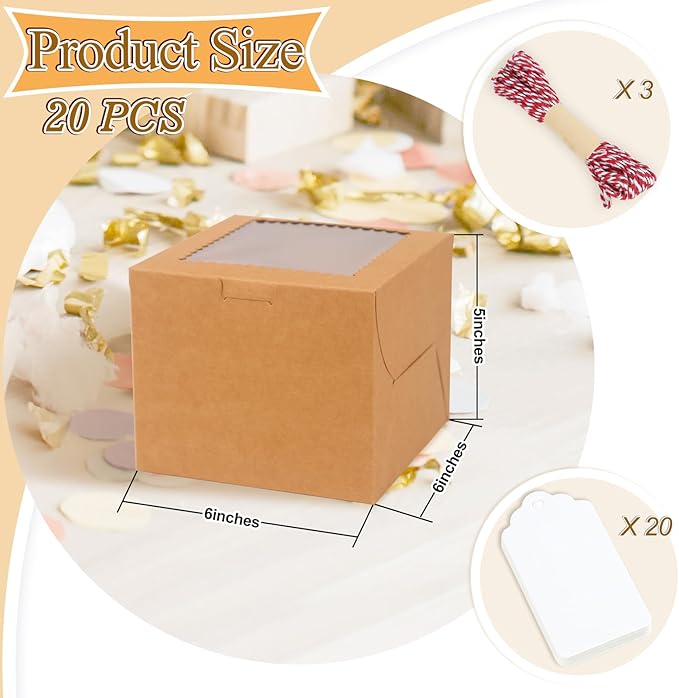 20Pcs Mini Cake Boxes with Window, 6x6x5 Inches Brown Bakery Boxes, Small 4 Cupcake Boxes, Cake Packaging for Pastries, Cookies, Chocolates, Cupcakes, Birthday Party, Wedding