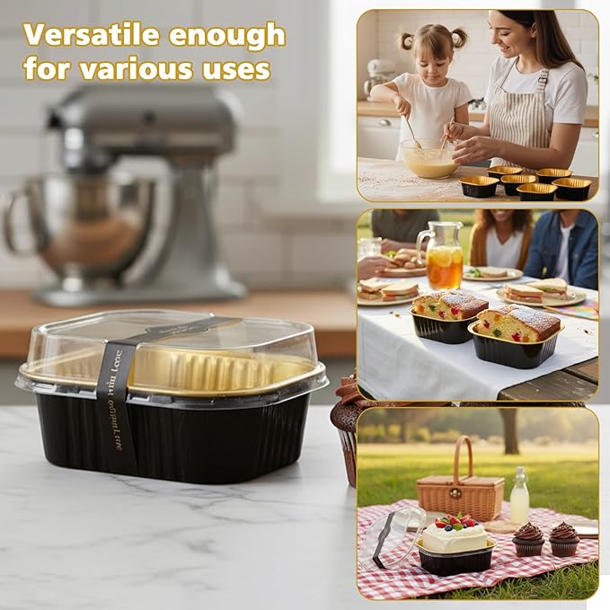Ruckae 10oz 100 Pcs Square Mini Loaf Pans with Lids-Disposable Foil Dessert Containers,Mini Cake Pans with Lids,Aluminum Dessert Cups for Parties and Weddings (Black Gold, 10oz)