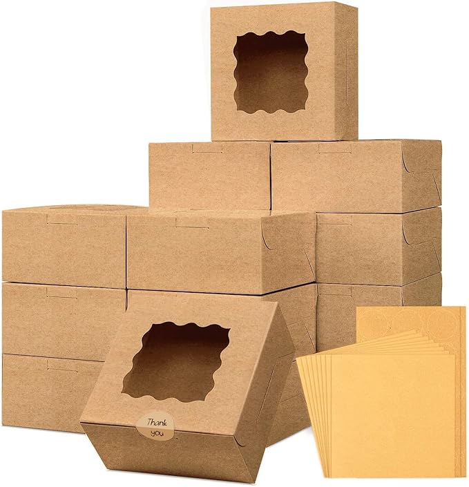 Moretoes 24pcs Bakery Boxes, 6x6x3in Brown Cookie Boxes, Mini Cake Boxes with Window Included Parchment Paper and Stickers, Pastry Boxes for Party, Wedding, Birthday Day