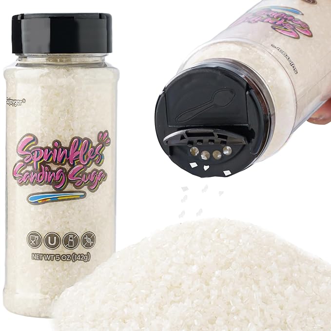 Sujoygar White Saning Sugar Sprinkles, 5oz Edible White Sugar Crystals for Cocktails, Cake Sprinkles for Chocolate Ice Cream Toppings Cupcake Decoration Wedding Party Cookies Baking Dessert Food Supplies