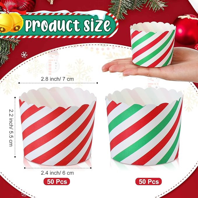 100 Pcs Christmas Cupcake Liners Bulk Red Green Baking Paper Cup Xmas Muffin Wrappers Striped Candy Pattern Baking Cup for Christmas Birthday Decoration, 2.8" x 2.4" x 2.2"