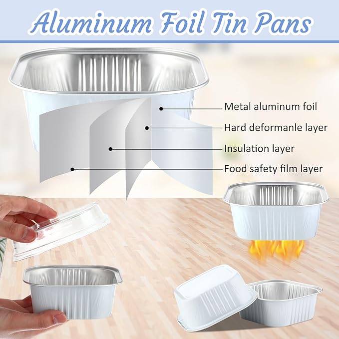 Aoriher 300 Pieces 10 oz Mini Cake Pans with Lids, Aluminum Foil Baking Cups, Square Disposable Cupcake Cups Baking Tins for Wedding Birthday Party Supplies(White, Silver)