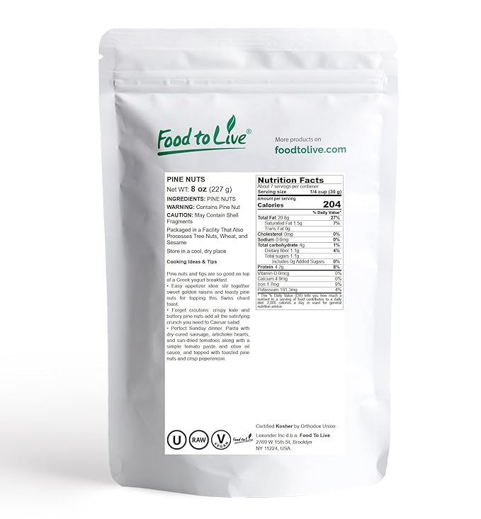 Food to Live - Pine Nuts, 8 Ounces Whole Raw Pignolias, Unsalted, Vegan, Kosher, Bulk. Rich in Vitamin E, Protein. Healthy Snack. Great for Pesto, Salads, Homemade Desserts