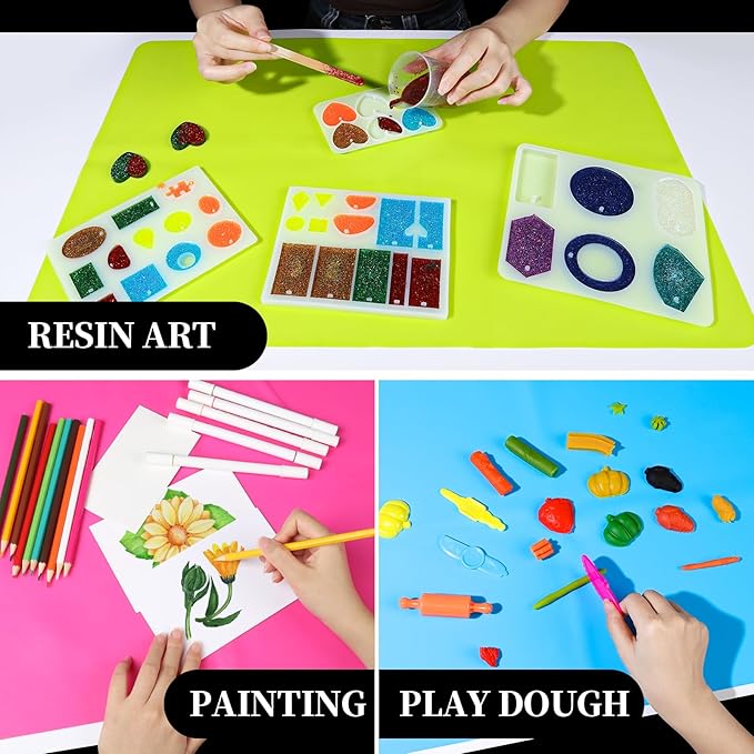 LEOBRO Silicone Mat for Crafts, 3 PCS 23.4” x 15.6” Large Silicone Mats, Play Dough Mat, Craft Mats for Resin Molds, Clay, Jewelry Making, Sculpture Casting, Hot Pink & Green & Blue