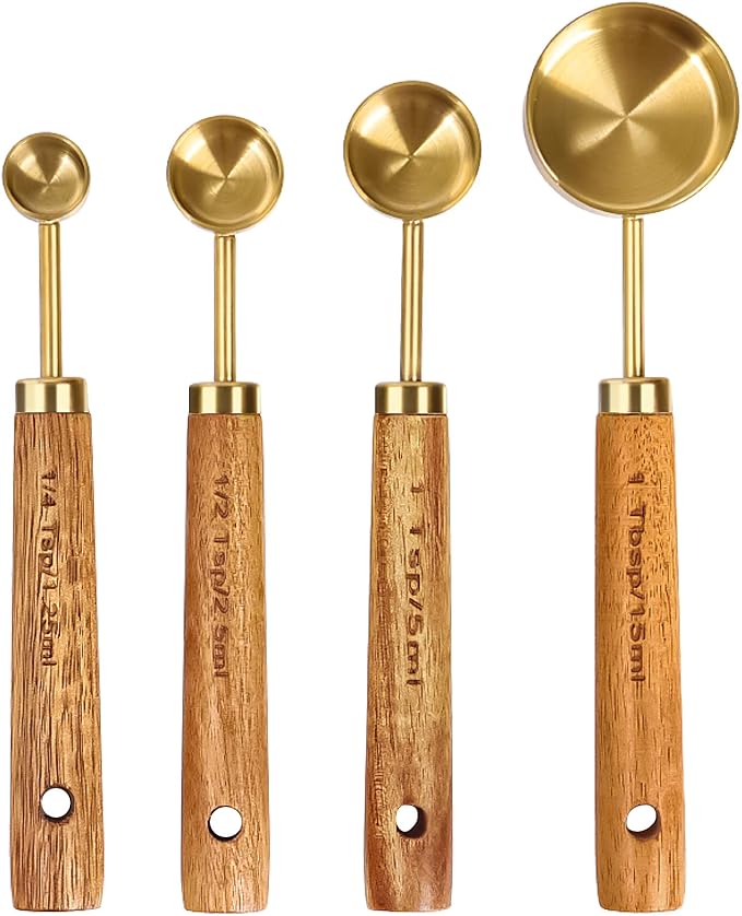 GuDoQi Gold Measuring Cups and Spoons Set of 8, Wood Handle with Metric and US Measurements, Premium Stainless Steel, Golden Polished Finish, Dry & Liquid Measuring Cup for Cooking and Baking