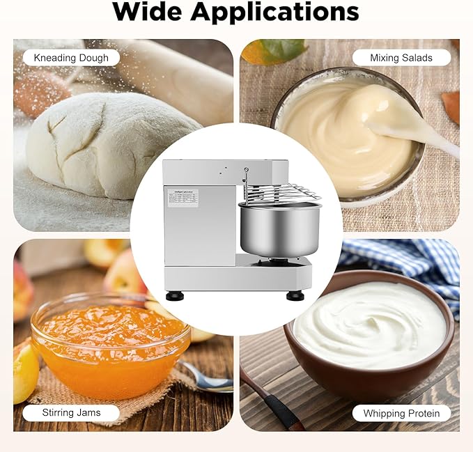 Commercial Food Mixer, 10.5Qt Capacity, 1Kw Dual Rotating Dough Kneading Machine with Stainless Steel Bowl, Security Shield Included, Baking Equipment for Restaurant Pizzeria